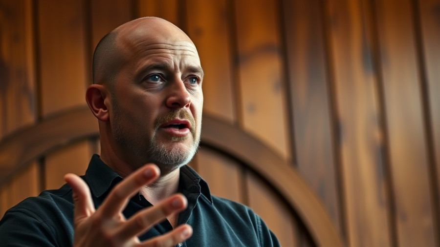 Engaging speaker discussing content marketing in front of wooden panels.