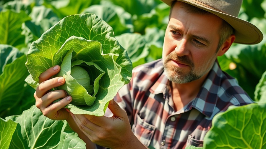 Cool-season gardening tips: Gardener inspecting cabbage leaf.