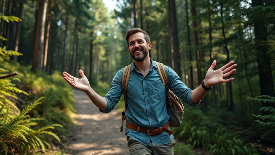 Outdoor recreational activities enthusiast hiking in a lush forest.