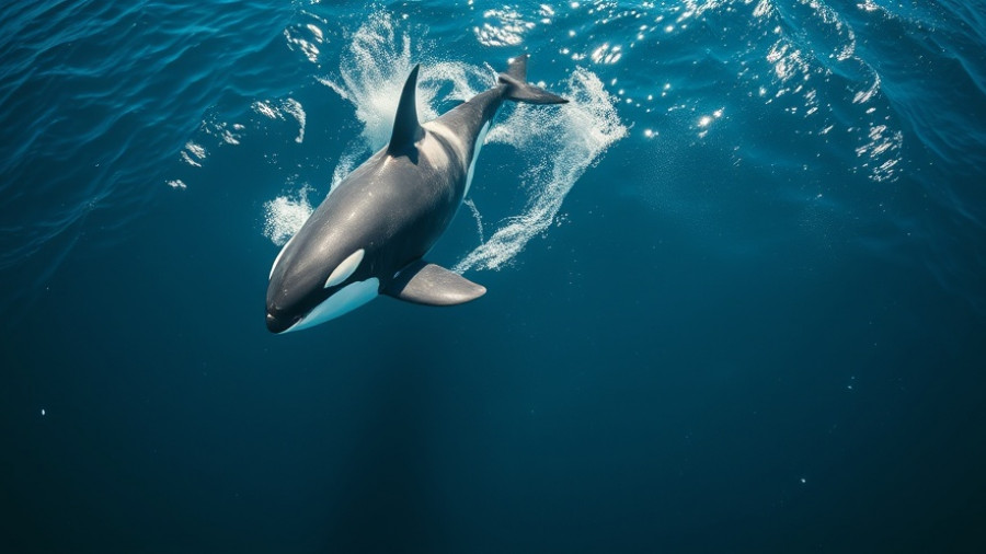 Orcas following a great white shark underwater in the ocean.