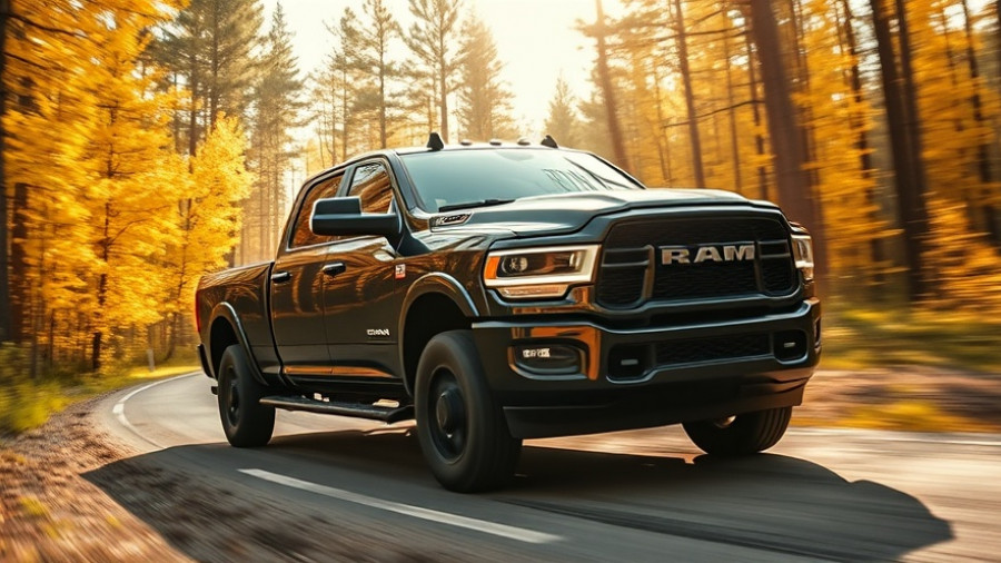 2025 Ram 2500 truck for hunting driving through an autumn forest.