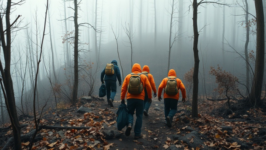 Searchers navigate misty autumn forest for missing deer hunter.