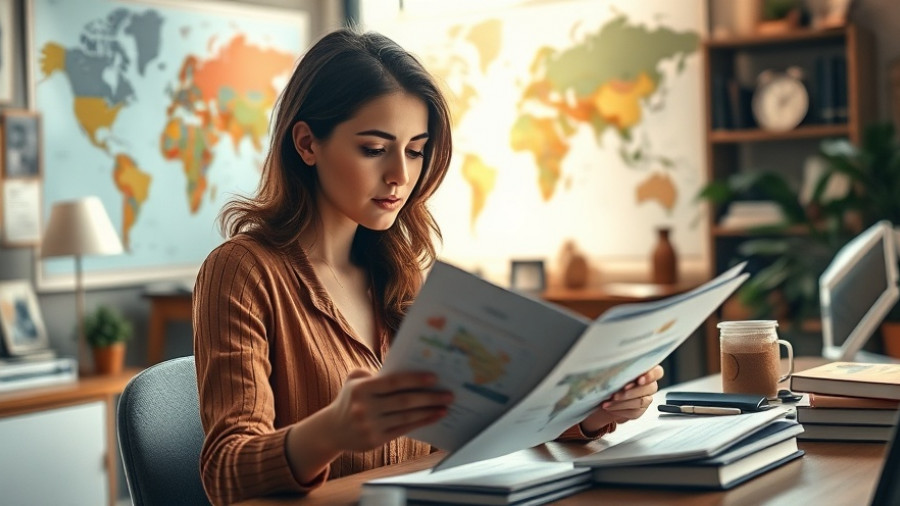 Travel advisor planning with world map in background.