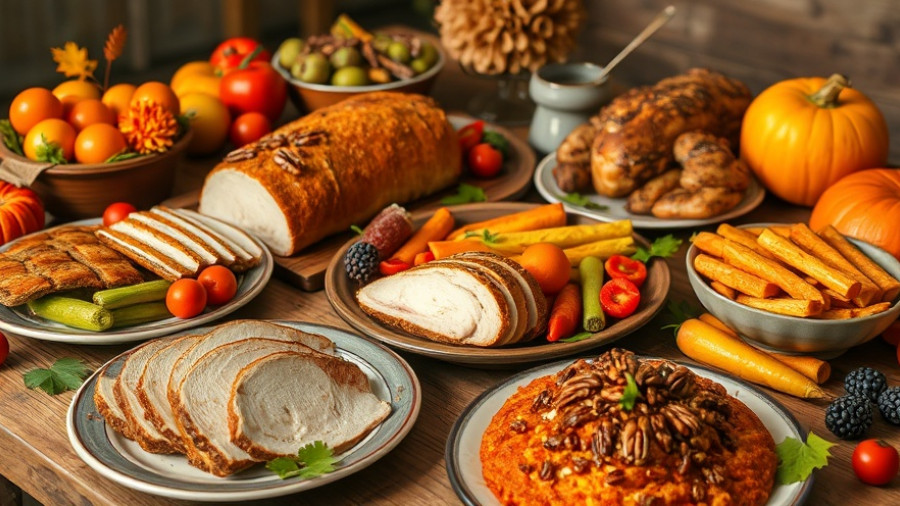 Colorful sustainable Thanksgiving meal with vibrant autumn dishes.