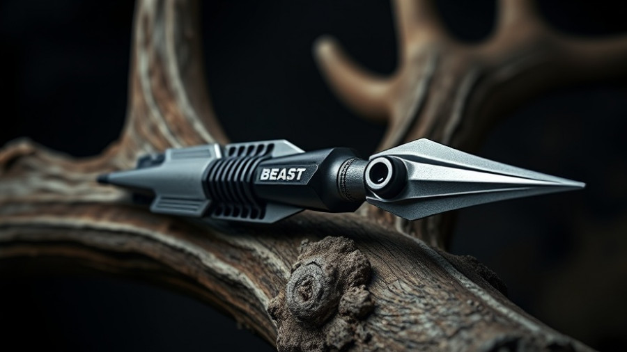 Titanium BEAST Broadhead next to antler in dark setting.