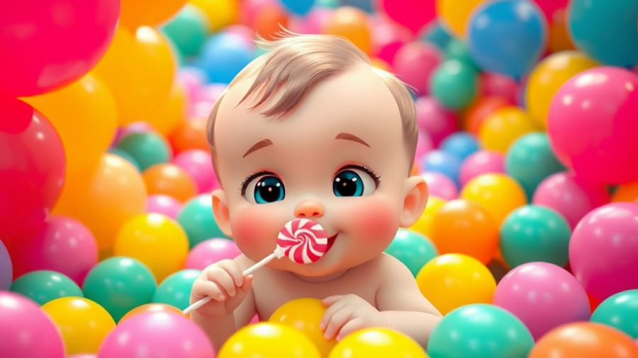 Cartoon baby having fun in colorful ball pit with lollipops.
