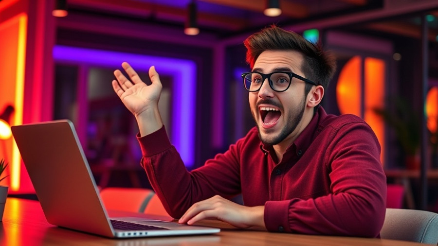 Build the perfect website using AI: Enthusiastic person showcasing AI website builder on laptop.