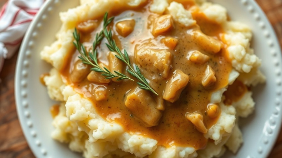 Appetizing homemade chicken stock gravy on mashed potatoes, cozy setting.