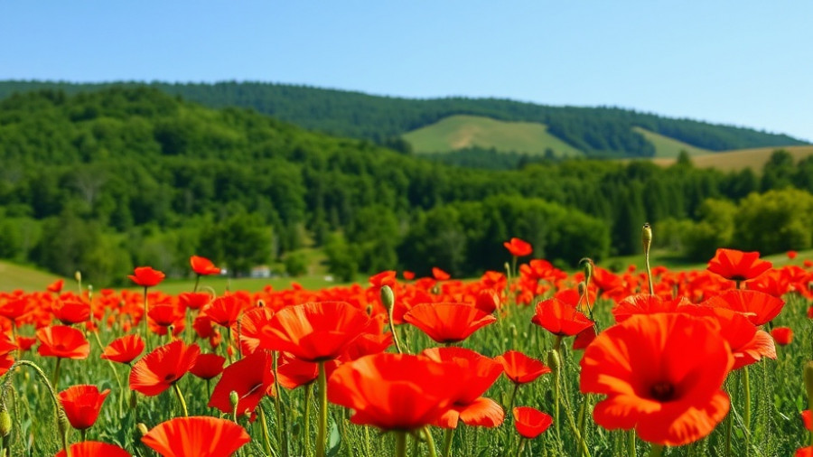 Vibrant poppy field in bloom under clear sky, growing poppies from seed to seed.