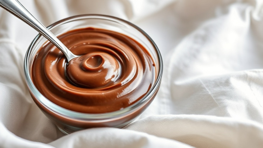 Rich chocolate tahini spread in a glass bowl with spoon.