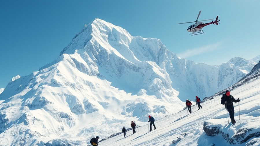 Mountaineers near Yalung Ri Peak with helicopter in Nepal.