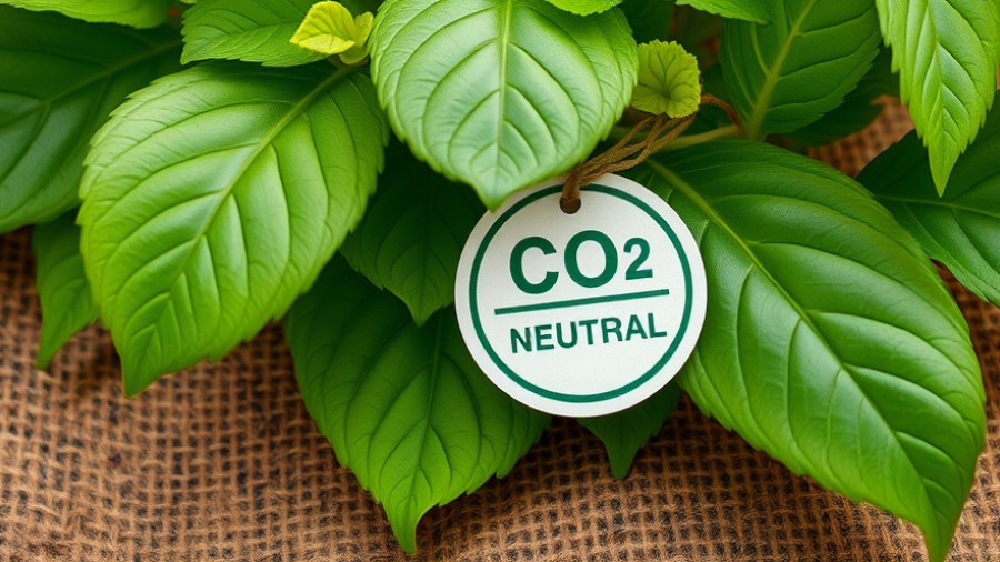 Eco-friendly CO2 neutral tag with green leaves on a textured background, representing Hotel Eco Ratings and Sustainability Transparency.
