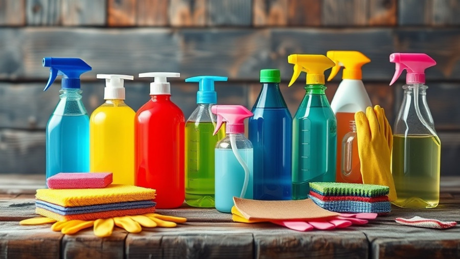 Colorful cleaning products arranged for safe disposal on a wooden surface.