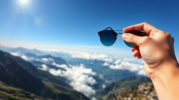 Person holding sunglasses overlooking scenic mountain view, filling your cup.