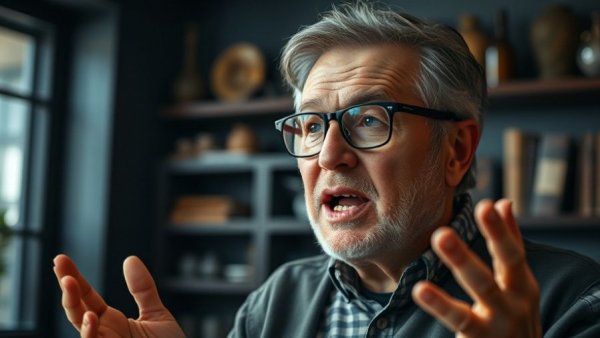 Middle-aged man speaking enthusiastically in a cozy room.