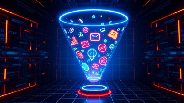 Futuristic digital marketing funnel illustration with AI integration.