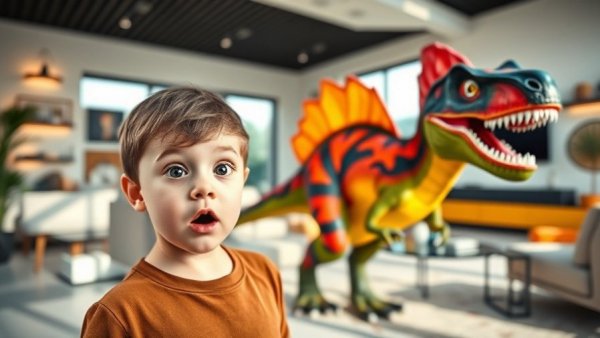 Young boy amazed by colorful dinosaur in a modern living room, kid stories theme.