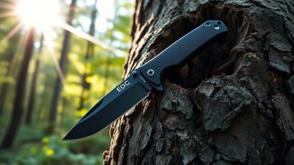 Vosteed Psyop 299 EDC knife embedded in tree in sunlit forest.