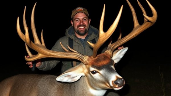 Hunter at the pinnacle of bowhunting, proud with large deer at night.