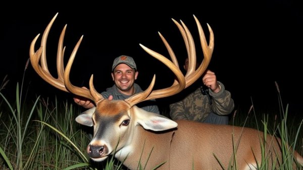Joyful hunter with deer, public land hunting Iowa success.