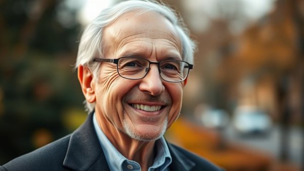 Friendly older man with glasses smiling outdoors, sustainable hospitality.