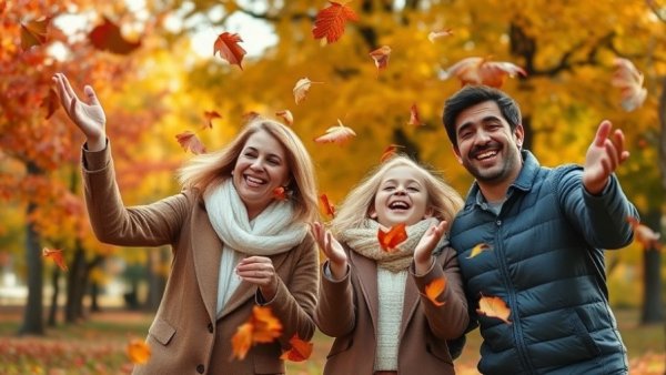 Family celebrating Buy Nothing Day with joy in autumn leaves.