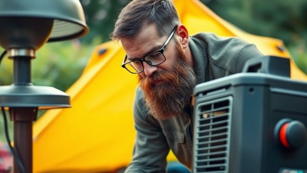 Man pointing at diesel heater near tent, outdoor camping.