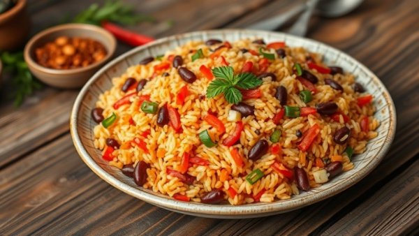Colorful traditional rice and beans dish on Ohio menu, healthy dining.