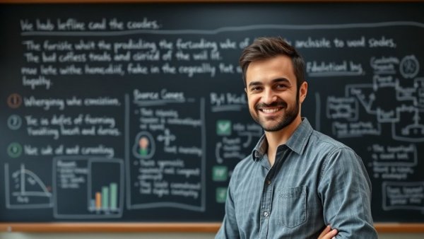 Smiling man discusses Large Reasoning Models with blackboard background.