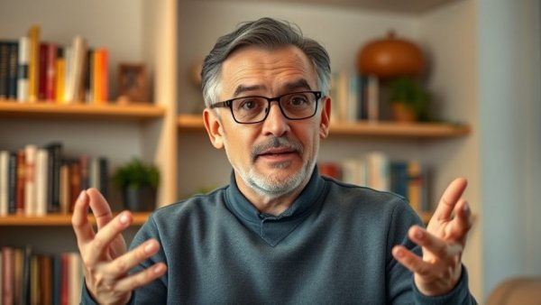 Middle-aged man in glasses talks about foods to increase longevity, indoor setting.