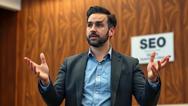 Speaker elucidating SEO Marketing strategies indoors.