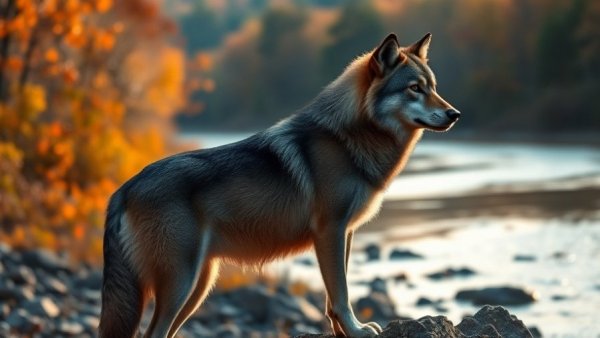 Lone wolf standing on a rock in a river, autumn forest backdrop.
