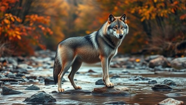 Gray wolf stands on river rock with autumn forest backdrop.
