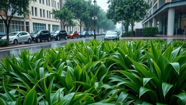 Urban landscaping handling stormwater runoff efficiently in heavy rain.