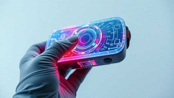 Futuristic AI device held, new discoveries made by AI, glowing holographs.