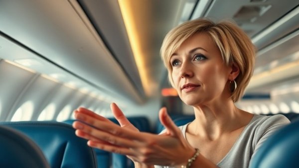 Woman sharing lip trick advice on an airplane for women over 40.