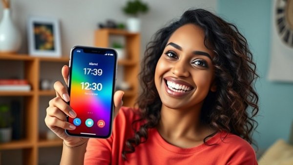 Excited woman holding smartphone showcasing iOS 26.1 Update interface.