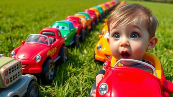 Vibrant toy cars in a grassy field for 50 Cars Challenge for Kids.