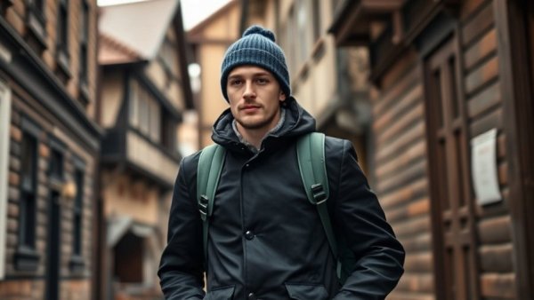Man in street wearing sustainable outdoor gear, exploring traditional street.