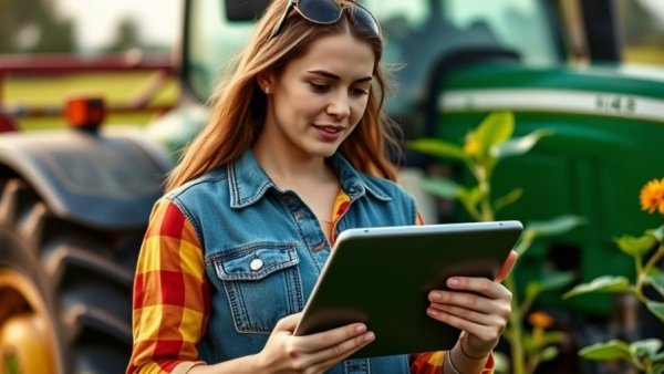 Young woman with tablet discussing importance of pollinators in agriculture.