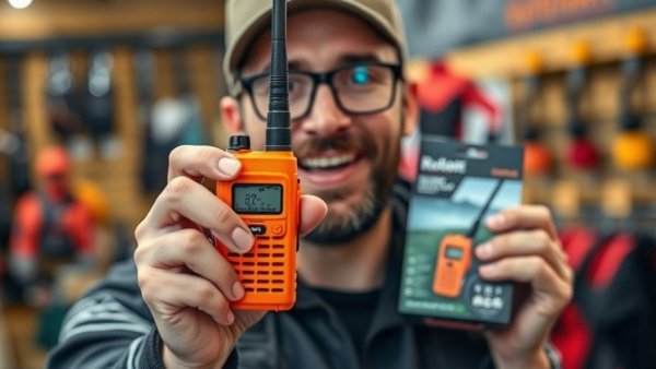 Man showcasing a two-way radio for camping gear beginners.