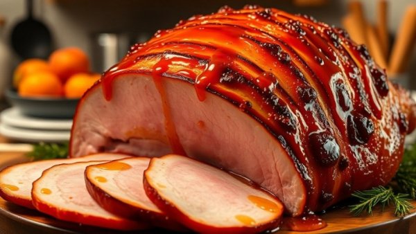 Hot Honey Peach Glazed Ham surrounded by fresh kale, vibrant and appetizing.