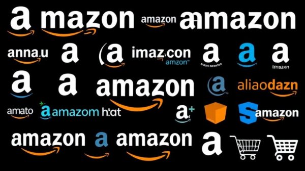 Amazon logos and icons collage in various styles and languages.