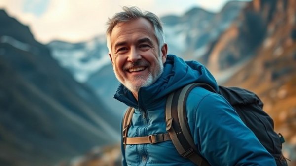 Middle-aged man backpacking in Yosemite National Park, smiling under clear skies.