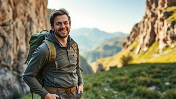 Backpacking Yosemite: Smiling hiker with gear and rugged cliffs in background.