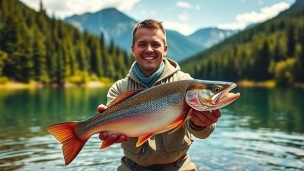 Camper holding fish by lake in Alaska's wilderness, camping and fishing.