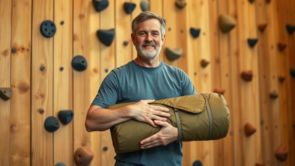 Man displaying outdoor gear against a climbing wall in a gym environment.