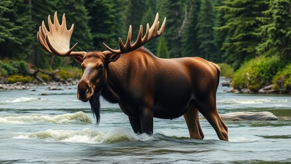 Moose in river, highlighting hunting challenges amid wilderness
