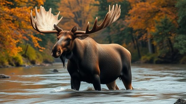 Moose standing in a river surrounded by forest, vibrant autumn colors.