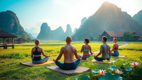 Thailand wellness tourism: Yoga in scenic Thai landscape.